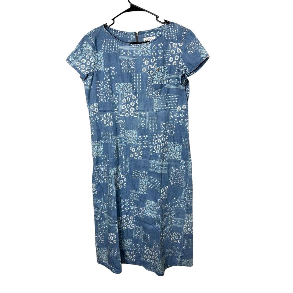Villager Sport Liz Claiborne Blue Patchwork Denim Maxi Dress Short Sleeve 12